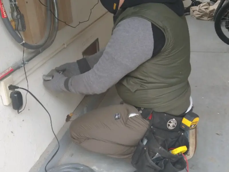 Electrician performing outlet wiring in a Little Flock garage